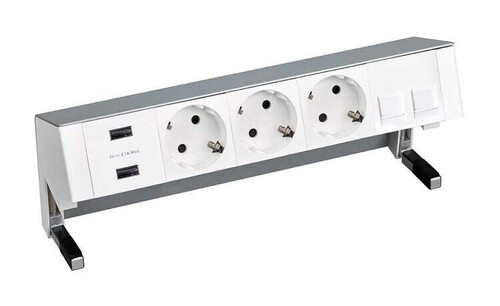 Настольный 5-модульный розеточный блок с 3 розетками Schuko, 1 з/у 2xUSB и 1 модулем 2xRJ45, Simon 400, алюминий