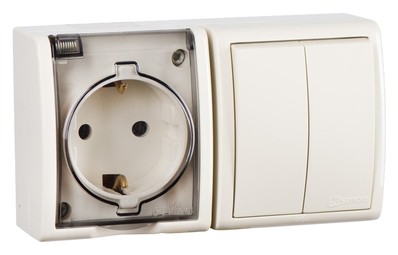 Simon 15 Aqua Бежевый Блок: Розетка 2P+E Schuko 16А 250В + выключатель двойной 10А 250В, IP54